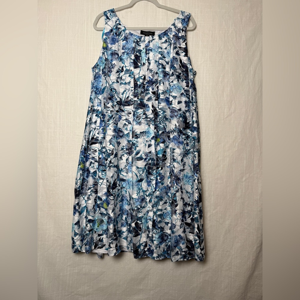 Perceptions Blue Floral Sleeveless Sheath Fit and Flare Dress 1x